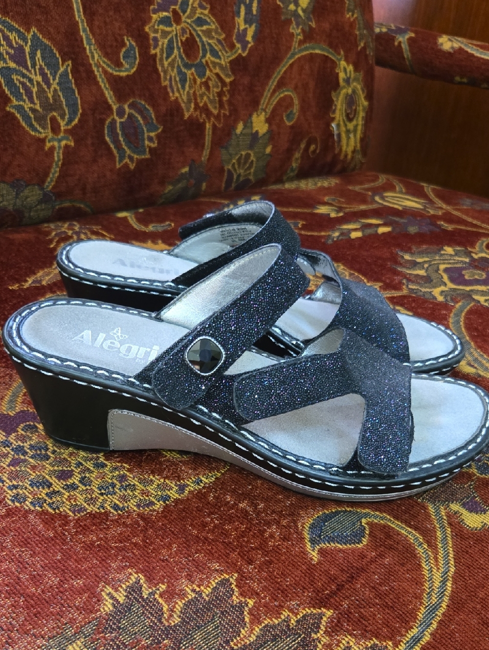Alegria Black Glitter Wedge Slide Mules